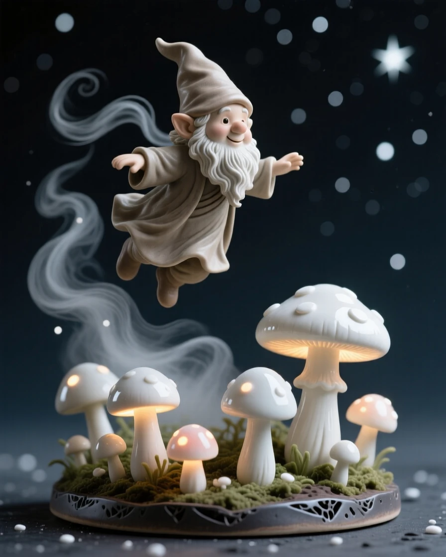 A tiny gnome tending a garden of glowing mushrooms frozen mid-flight against a starry sky, wrapped in wisps of enchanted mist, radiating noble power tempered with gentleness.