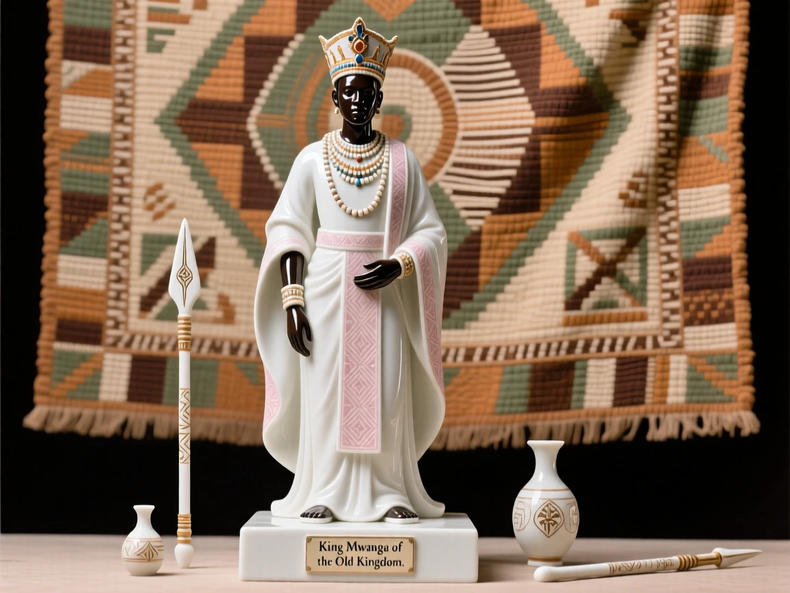 A regal African tribal king standing before a grand tapestry, surrounded by the trappings of a bygone era.