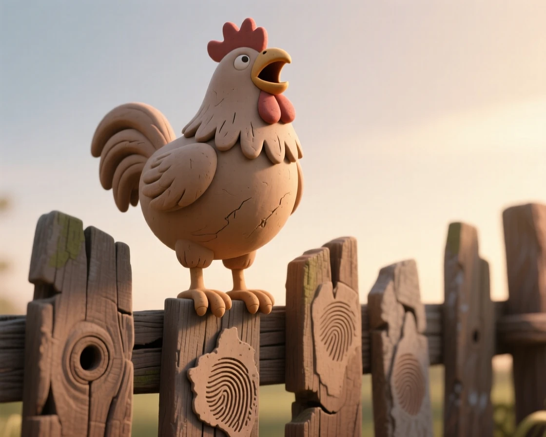 A rooster crowing atop a weathered fence at first light