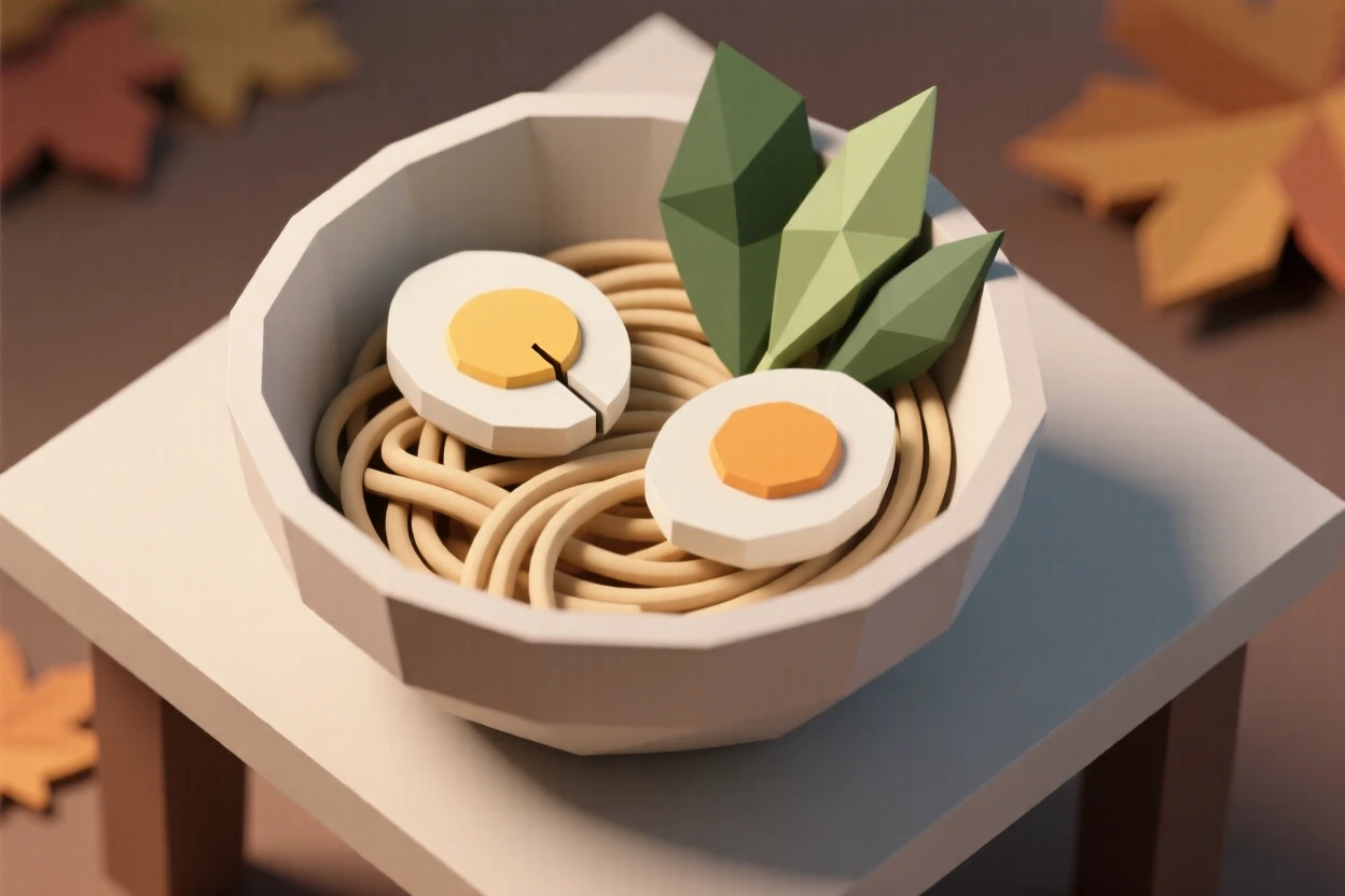 A bowl of ramen with soft-boiled egg and greens, on a warm autumn evening table setting. the composition is framed from a pleasing overhead angle. The setting feels indulgent and delicious.