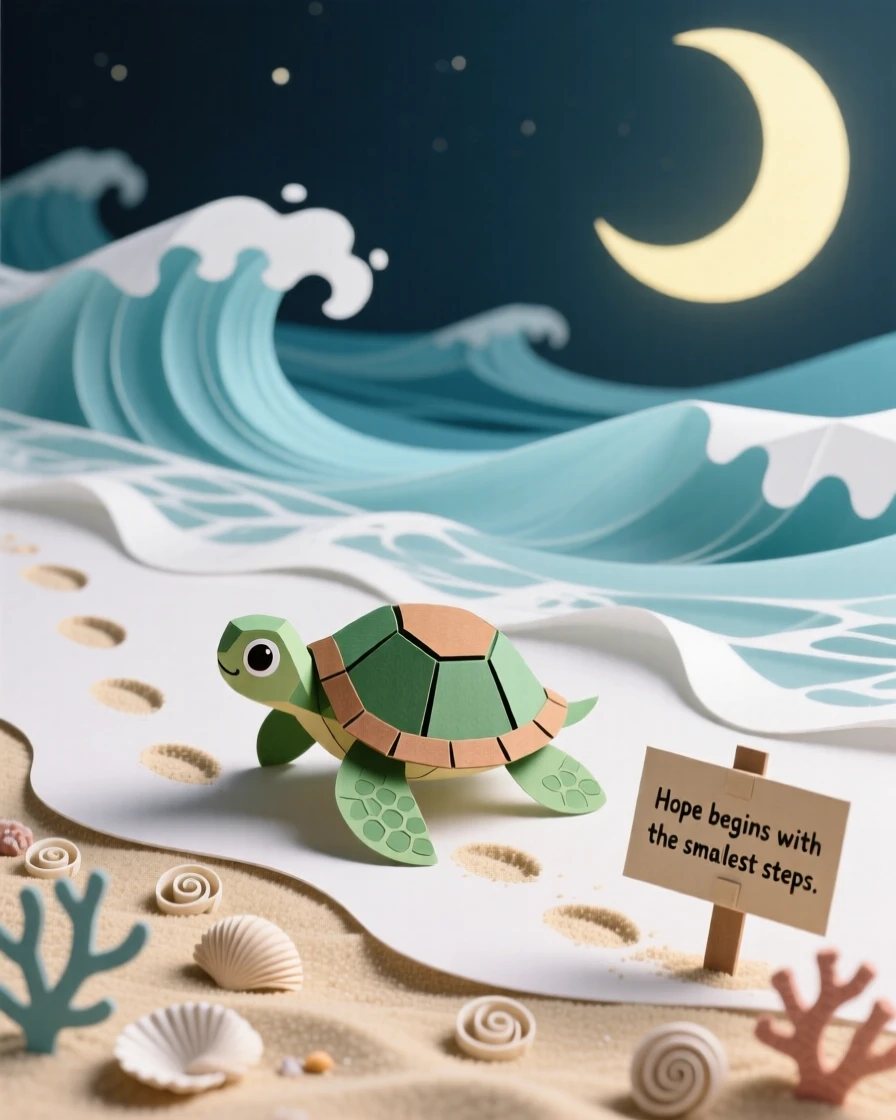 A baby sea turtle making its way across moonlit sand toward crashing waves, its tiny flippers leaving a trail behind, evoking hope and the beginning of a great journey.