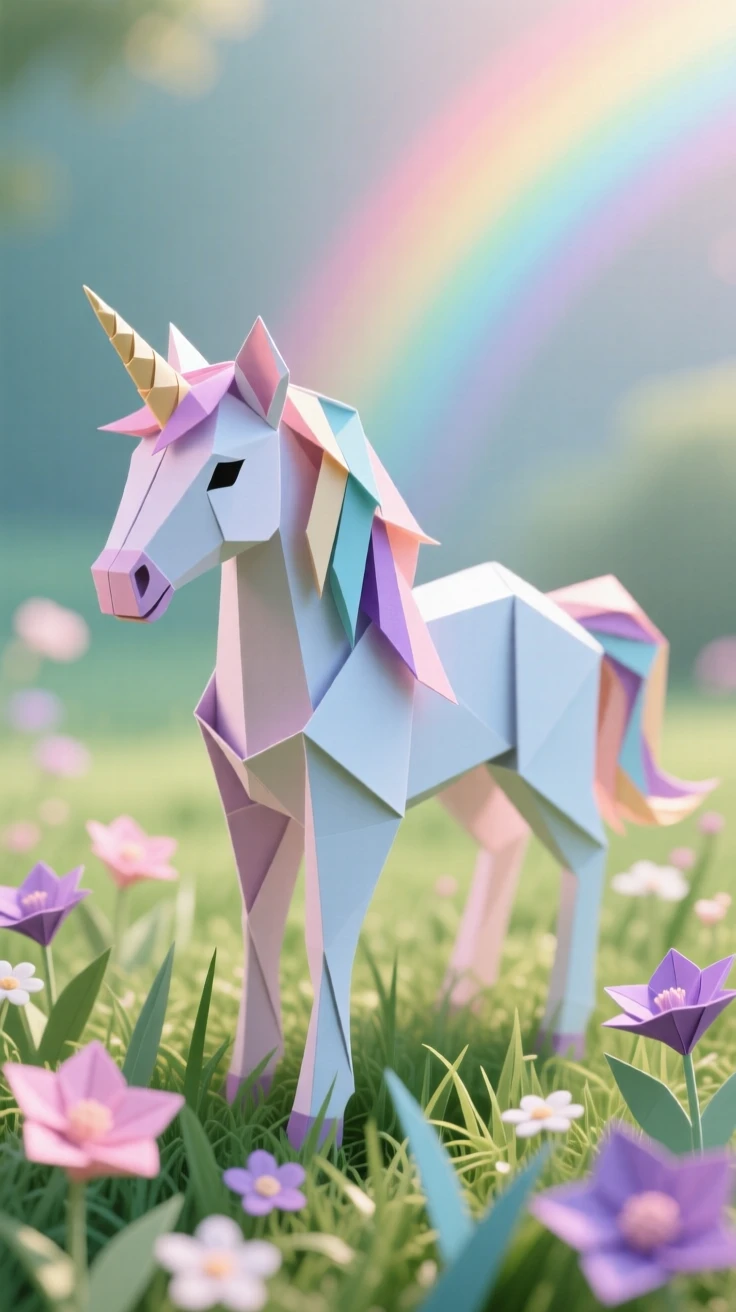 A unicorn foal standing in a meadow bathed in soft rainbow light, its mane shimmering faintly.