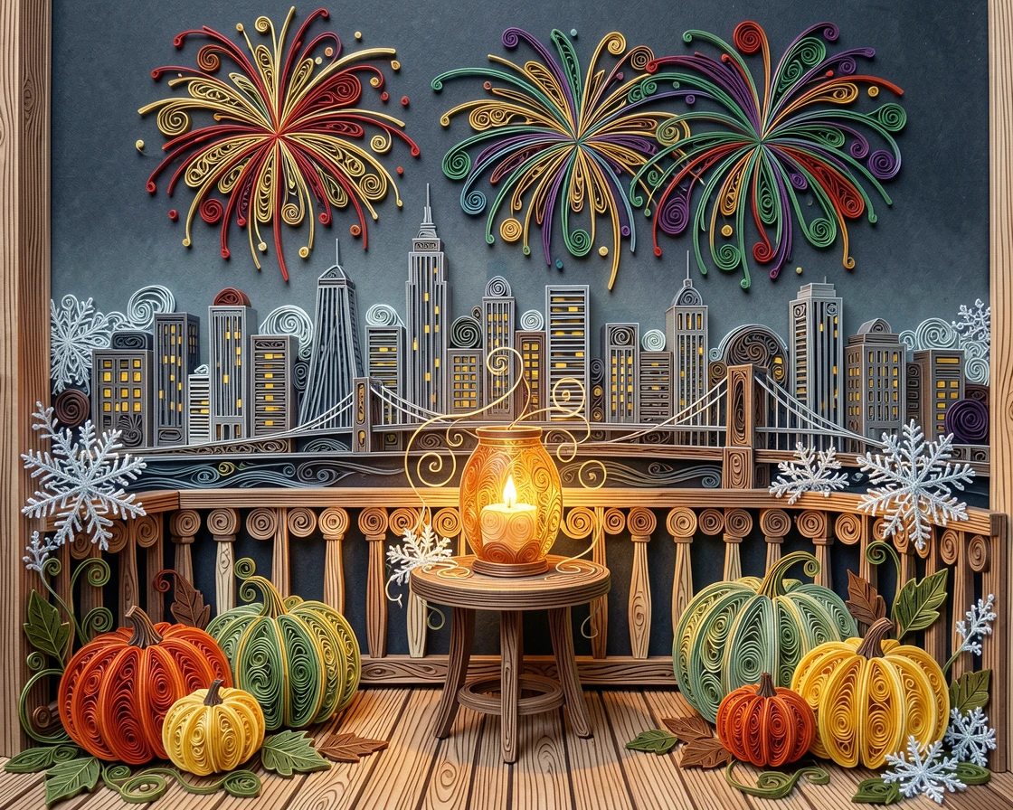 a New Year's Eve fireworks display over a city skyline, on a cozy porch decorated with autumn gourds, composed with a cozy, inviting central focal point, with delicate frost patterns on nearby surfaces.