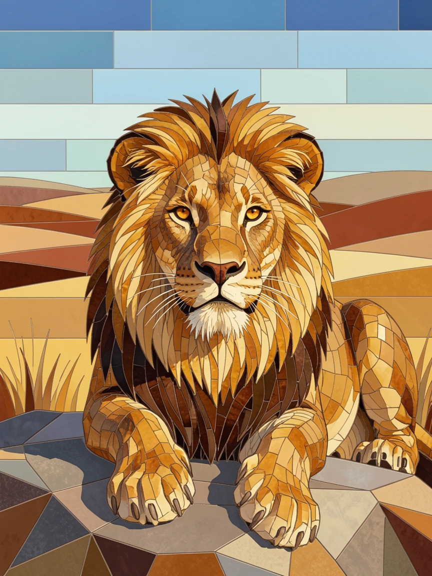 A close-up portrait of a majestic lion resting on a rocky outcrop overlooking the savanna, showing rich fur or feather detail and expressive eyes.
