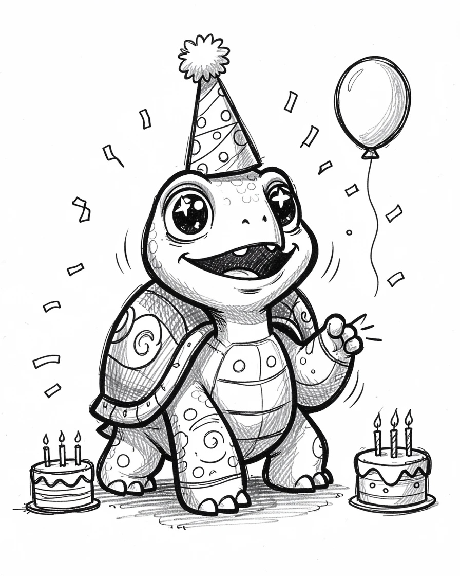 A turtle with a painted shell wearing a birthday hat at a small party.