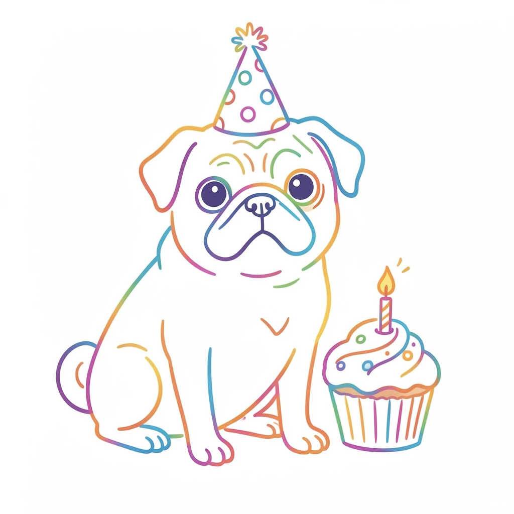 A pug wearing a party hat sitting beside a small birthday cupcake.