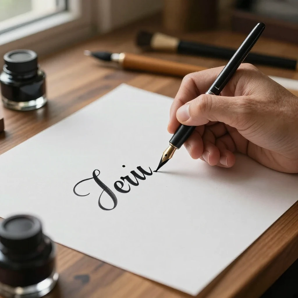 A calligrapher writing elegant strokes with black ink