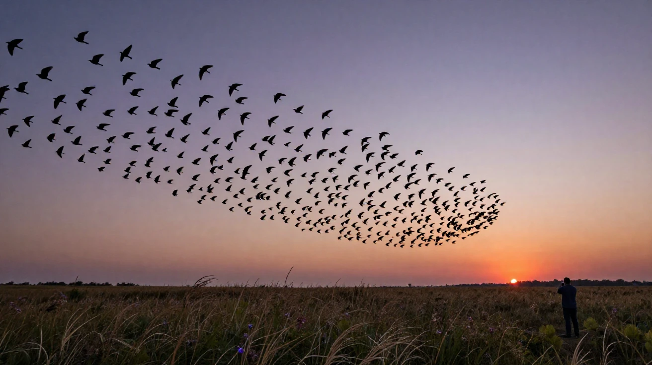 A flock of starlings swirls in a massive shifting pattern above a field at dusk.