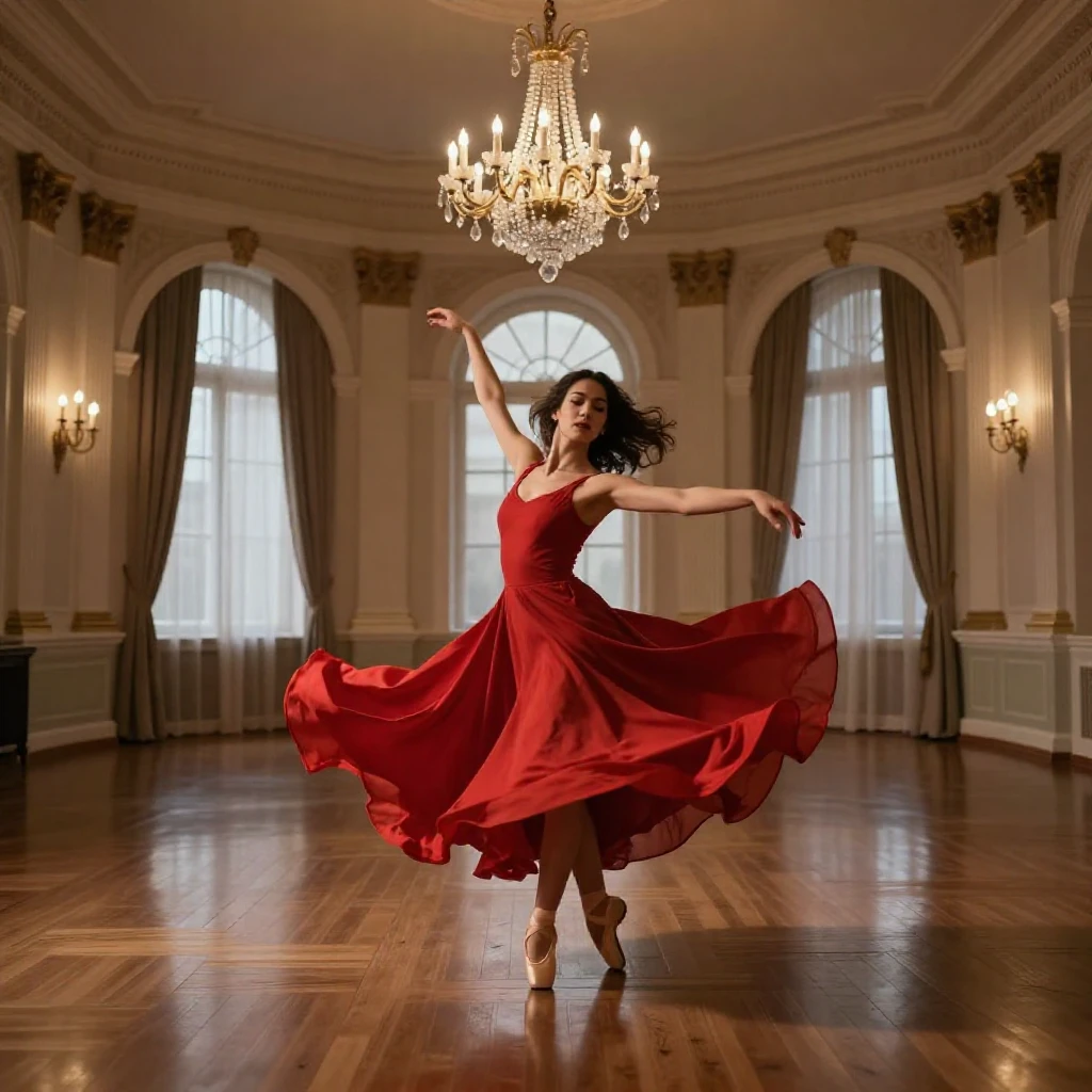 A dancer spinning in a flowing red dress in the middle of an empty ballroom