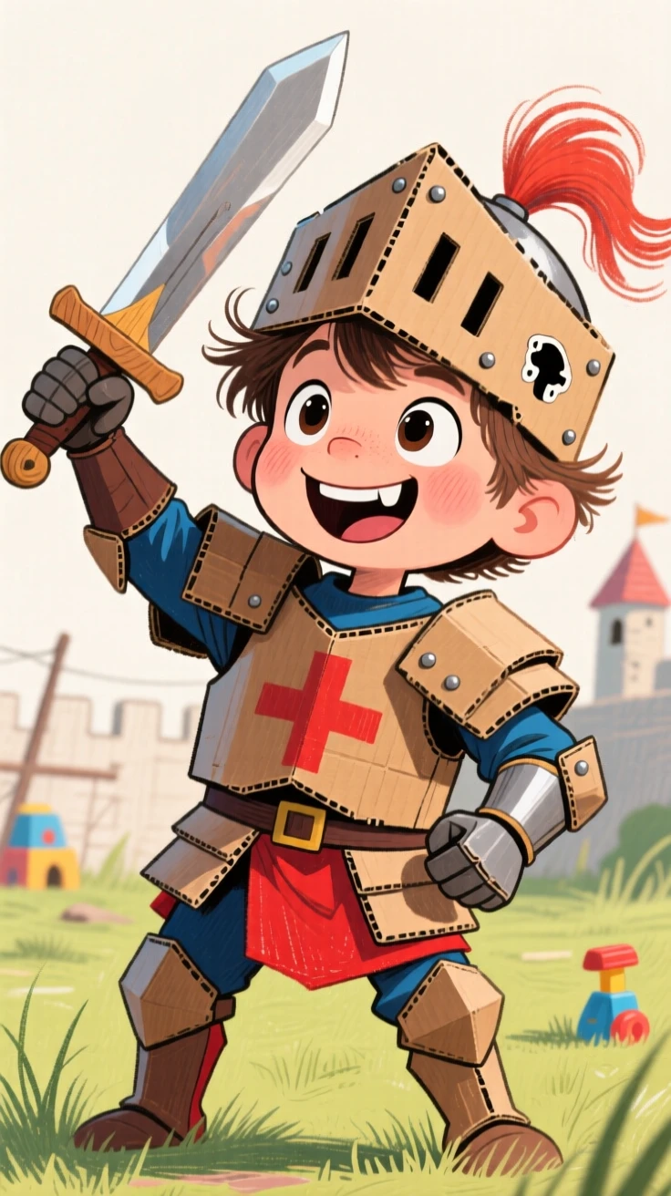 A little boy dressed as a knight in cardboard armor, brandishing a wooden sword bravely.