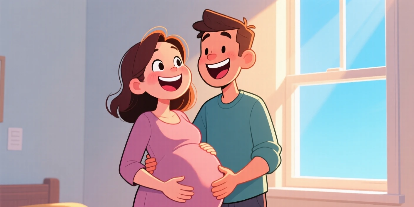 A heartwarming scene of a pregnant woman and her partner laughing together, hands resting on her belly, sunlight streaming through a window.
