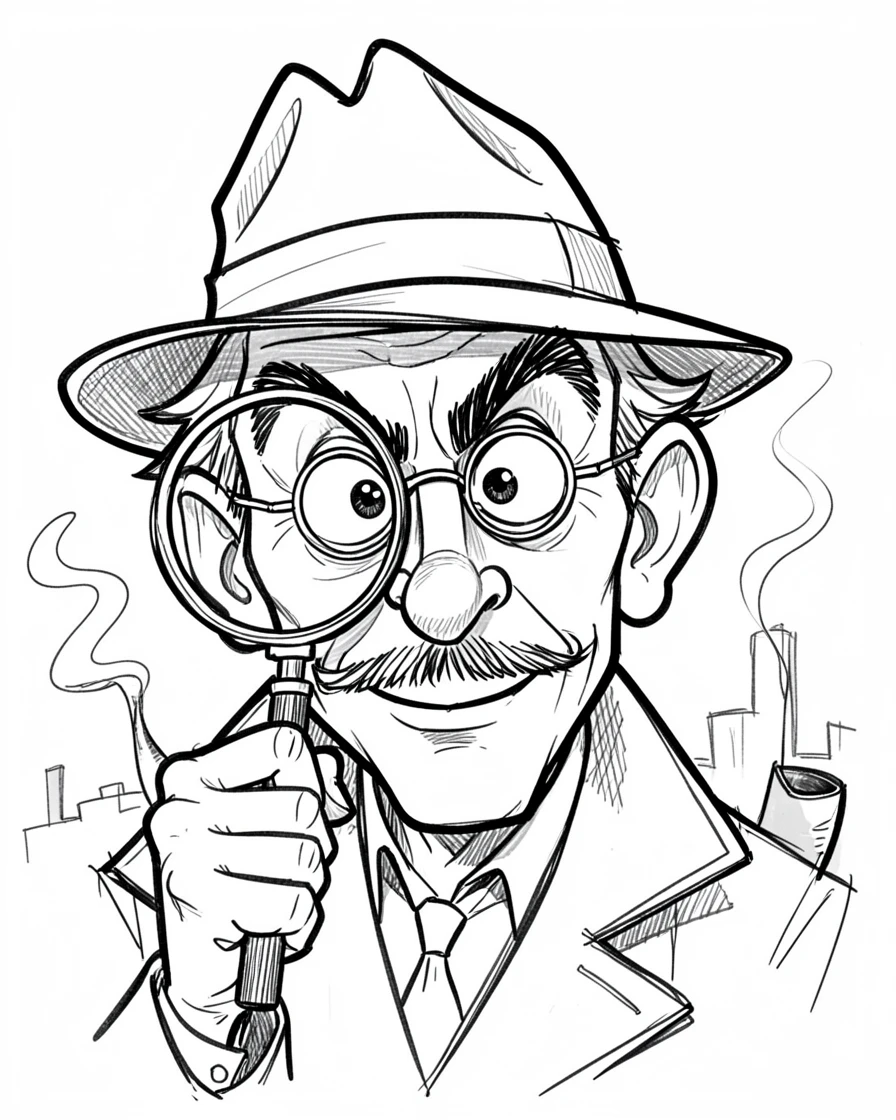 [People Portraits & Characters] Portrait of a curious detective examining a magnifying glass with a pipe in hand, full of personality and charm