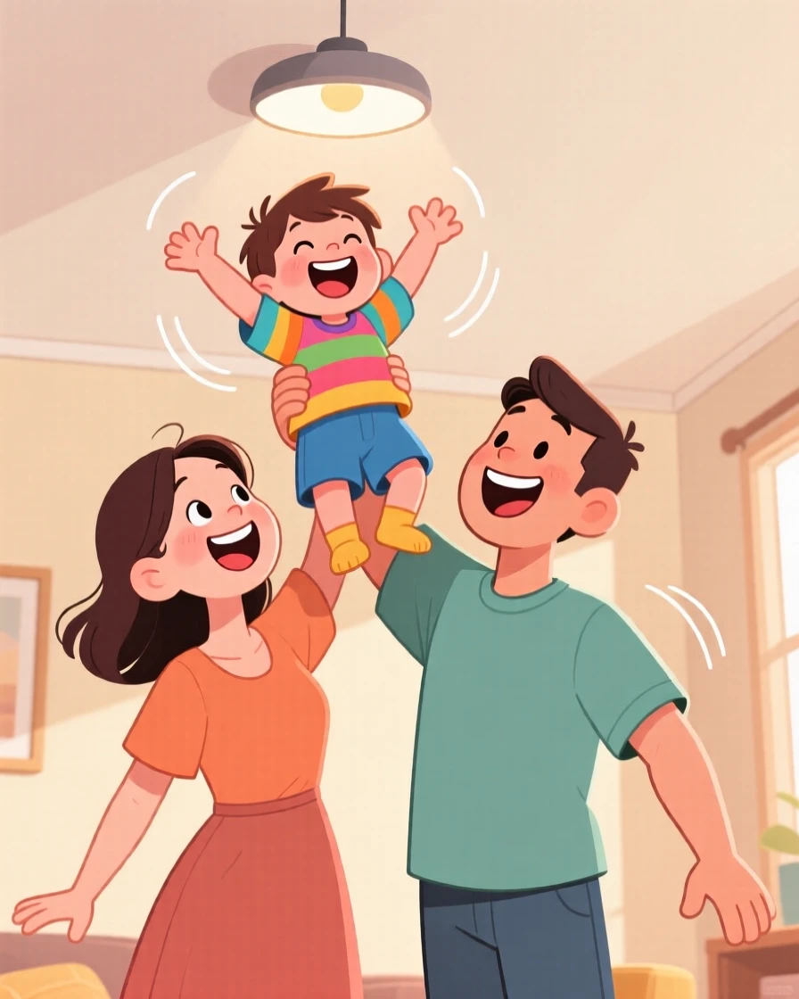 Parents lifting their laughing child up to touch the ceiling.
