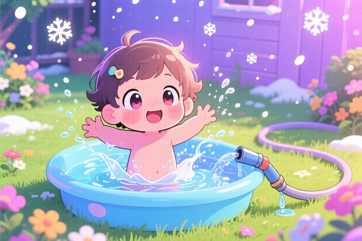 A toddler splashing in a kiddie pool, framed as a waist-up portrait within a sunny backyard with a garden hose, amid softly falling snow, glowing under neon-lit glow, evoking gentle surprise.