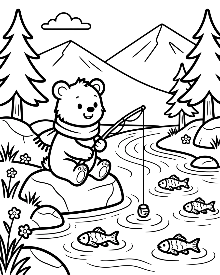 A baby bear cub fishing for salmon in a mountain stream