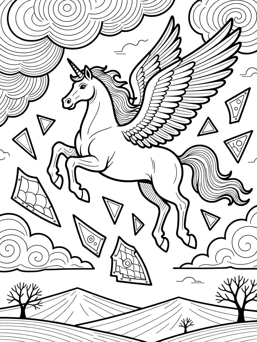 A pegasus flying through storm clouds, with shards of broken armor scattered nearby.