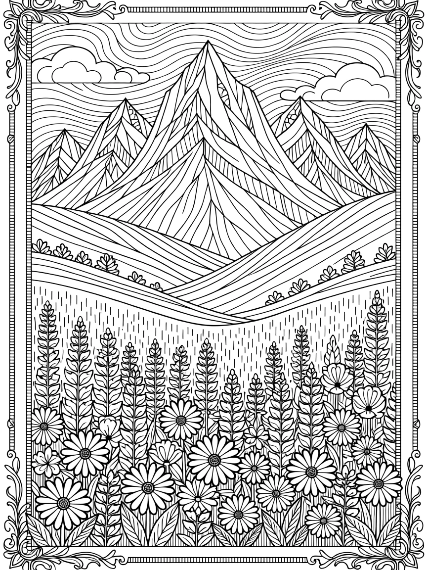 A mountain meadow with wildflowers beneath jagged snow-capped peaks.