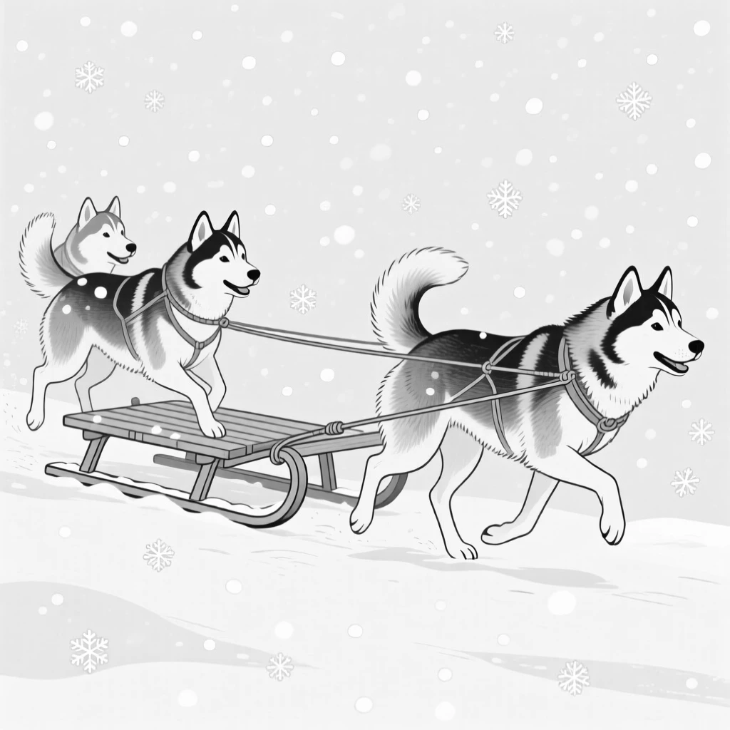 A pack of huskies pulling a sled through snowfall