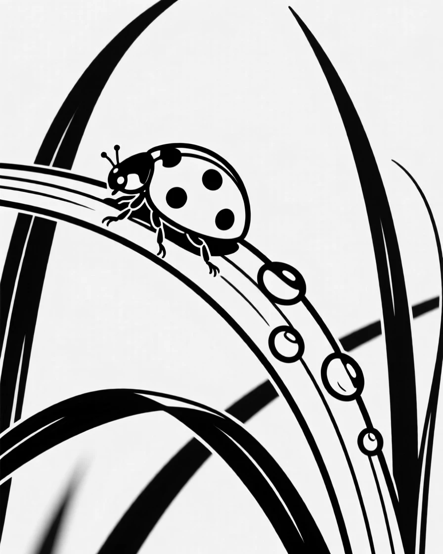 A ladybug crawling along a blade of grass with dew drops nearby.