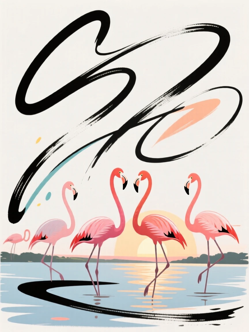 A group of flamingoes gathered near a lake at sunrise, unrelated to birds section.