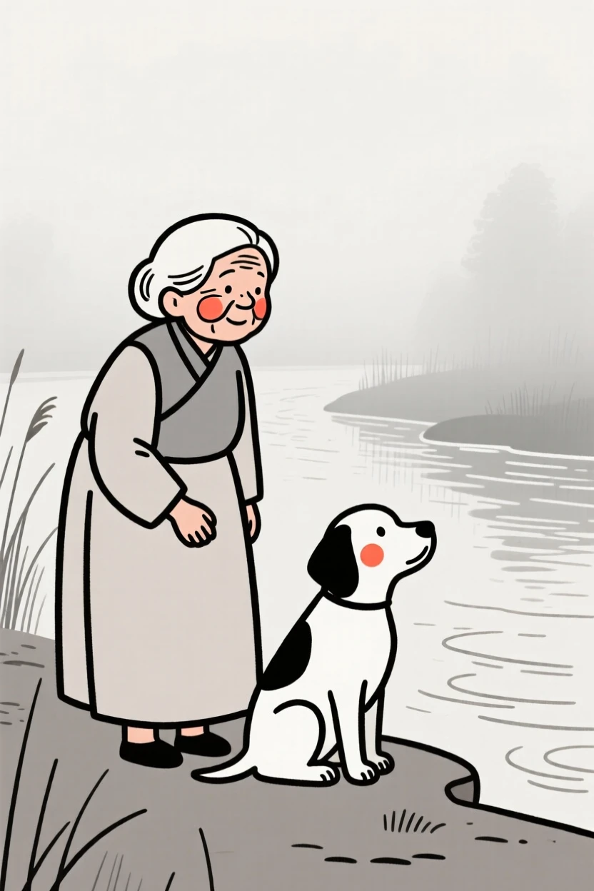 A grandmother with a loyal old dog, full of curious wonder, on a misty riverbank.