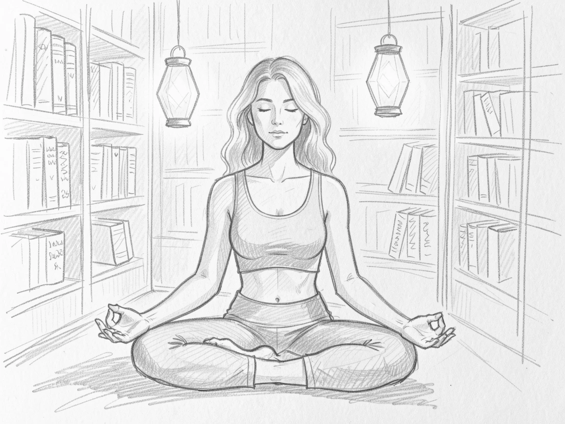 A tender portrait of a serene yoga instructor, surrounded by floating lanterns, in a quiet library nook.