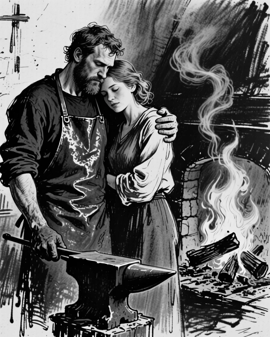 A blacksmith resting their head on a partner's shoulder, beside a crackling fireplace.