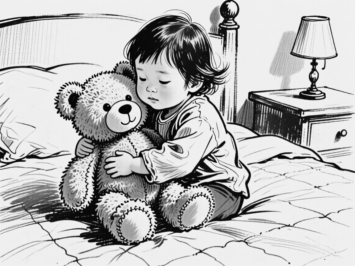 A small child hugging a plush teddy bear tightly while sitting on a bed.