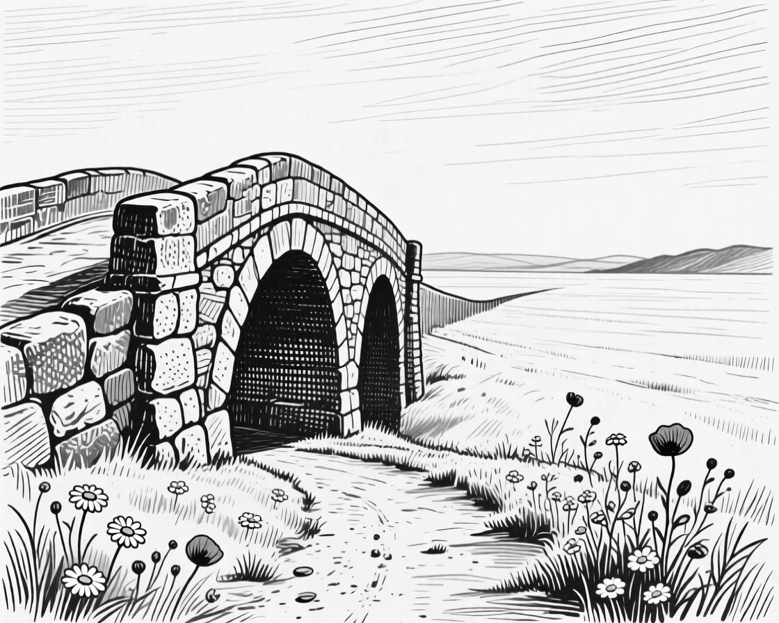 A weathered stone bridge at the edge of an endless horizon, with scattered wildflowers along the path, evoking a gently nostalgic atmosphere in a wide, balanced composition.