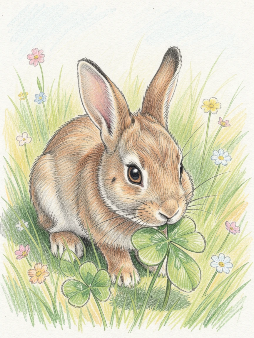A bunny nibbling clover in a sunny spring meadow, with delicate details in the fur and expressive eyes, radiating warmth, innocence, and gentle charm.