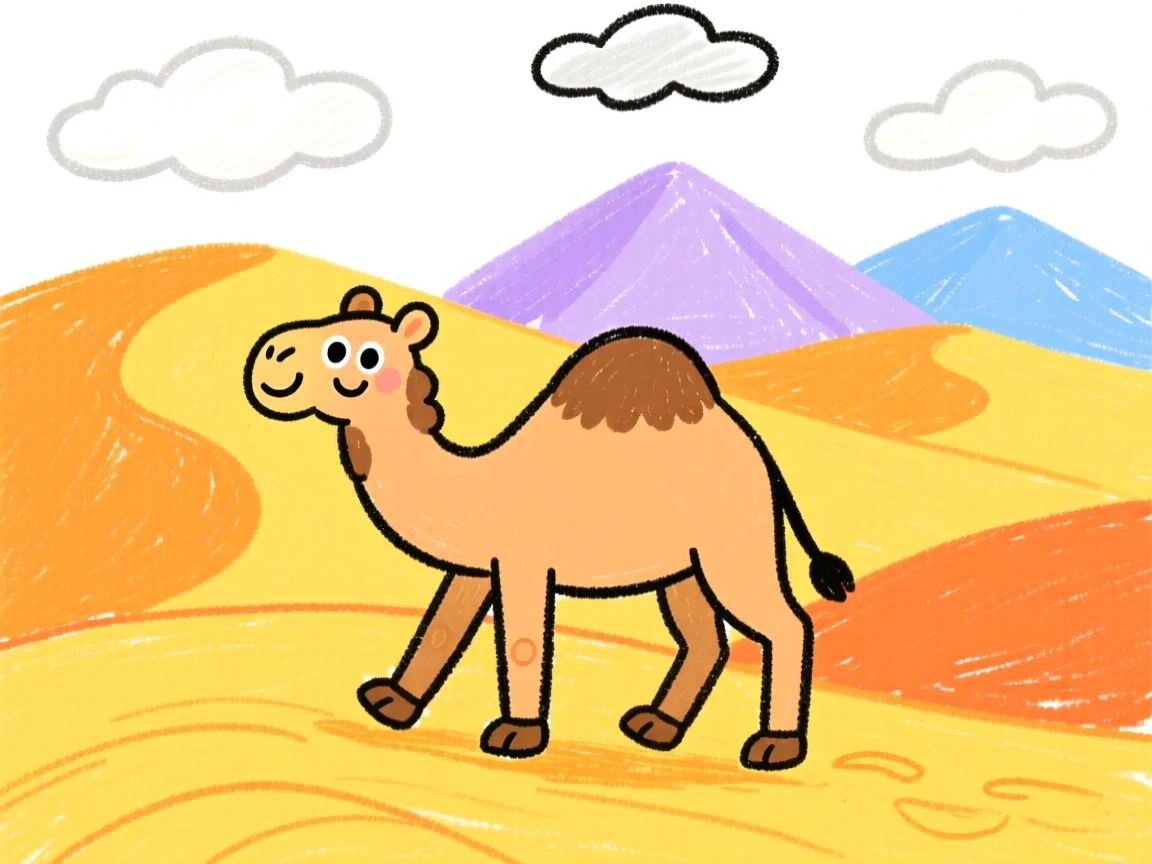 A camel crossing golden dunes as clouds drift over distant mountains.