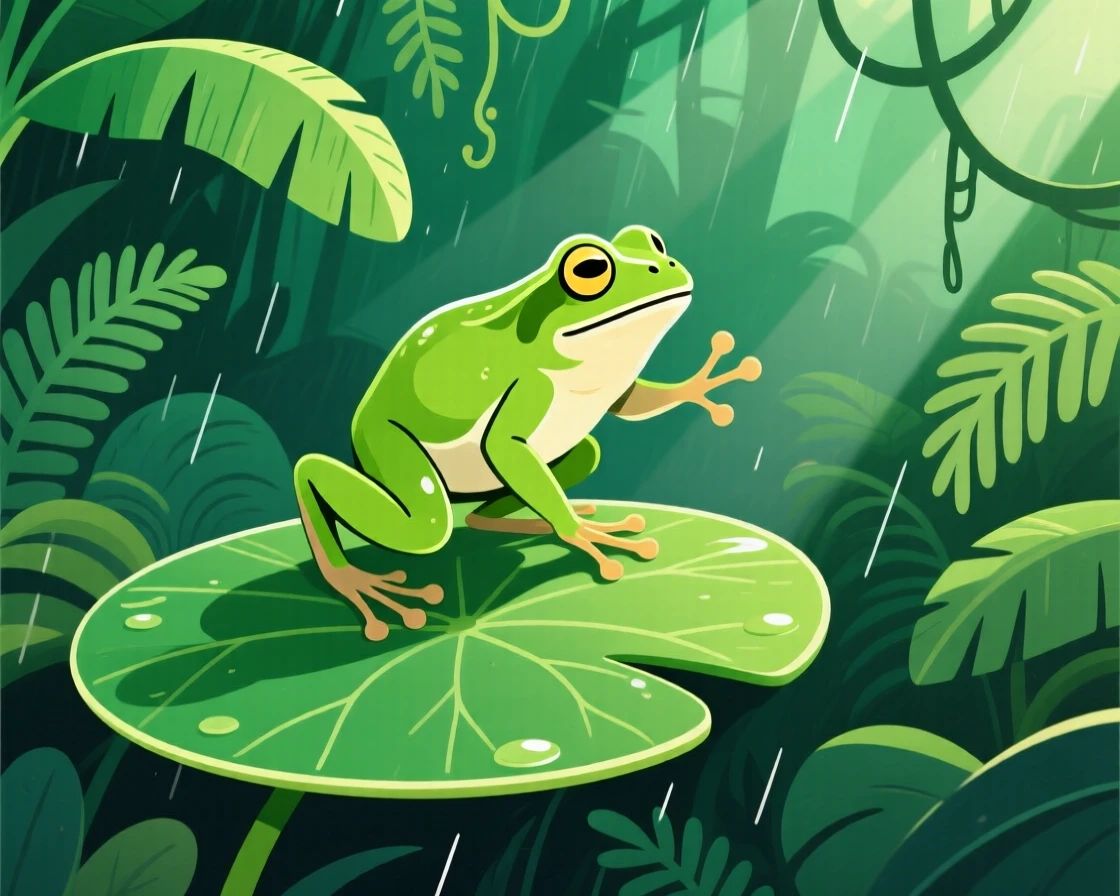 A bright green frog perched on a giant lily pad, set against a lush green rainforest backdrop, captured mid-motion with a dynamic diagonal composition, with a sense of playful curiosity captured perfectly.