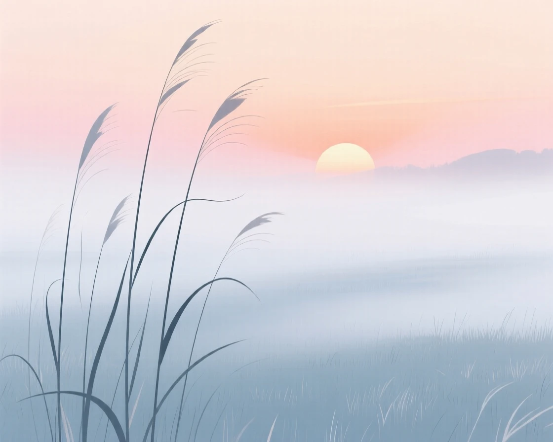 A misty open meadow at sunrise with soft light filtering through the tall reeds.