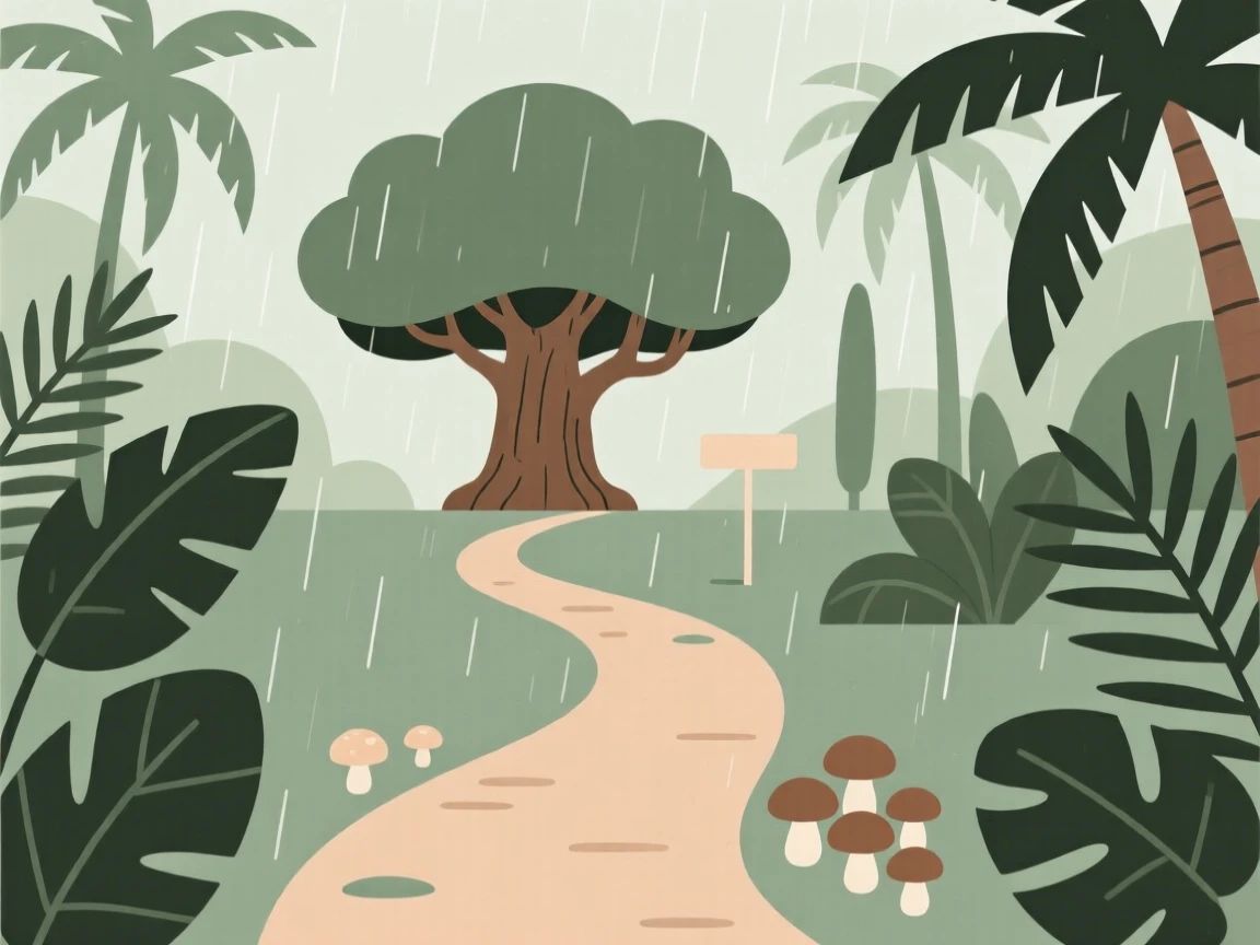 A winding path through a tropical rainforest leading toward an ancient oak tree, with a cluster of mushrooms scattered along the way, radiating timeless calm.