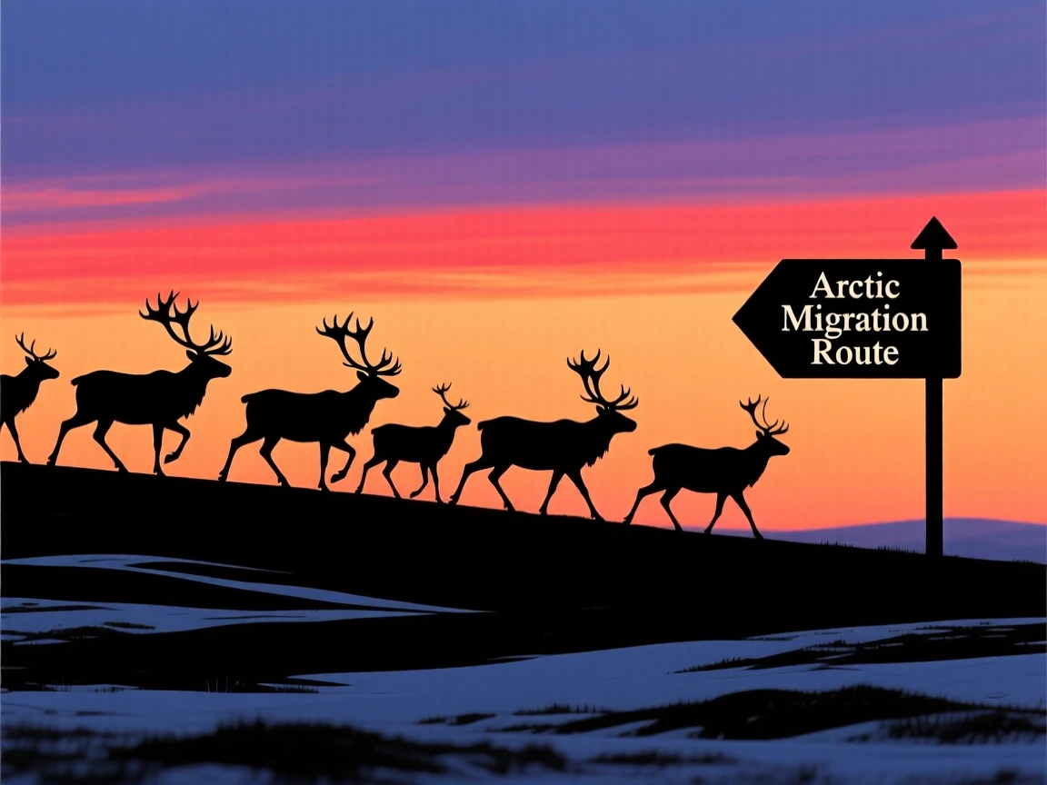 A herd of caribou migrating across a wide tundra landscape.