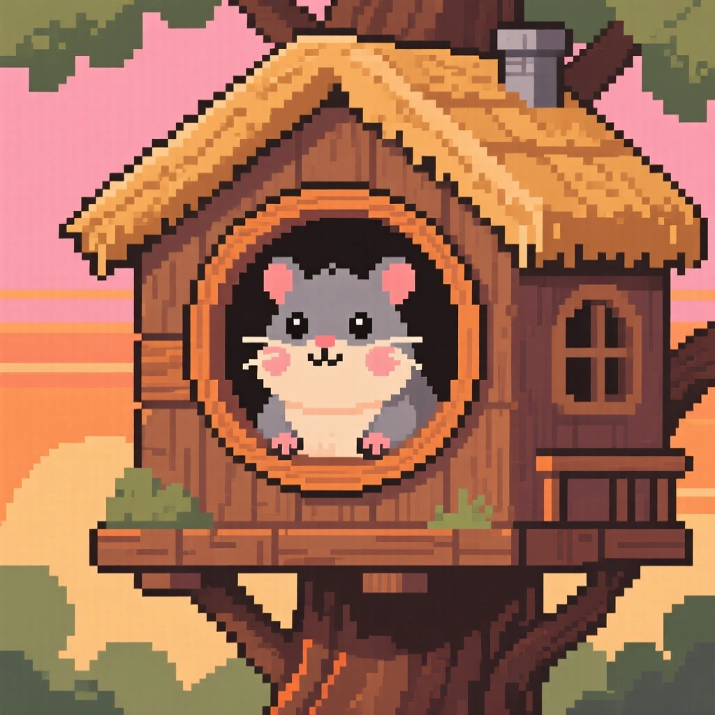 A chubby chinchilla peeking through a round window of a treehouse, on top of a haystack at sunset.