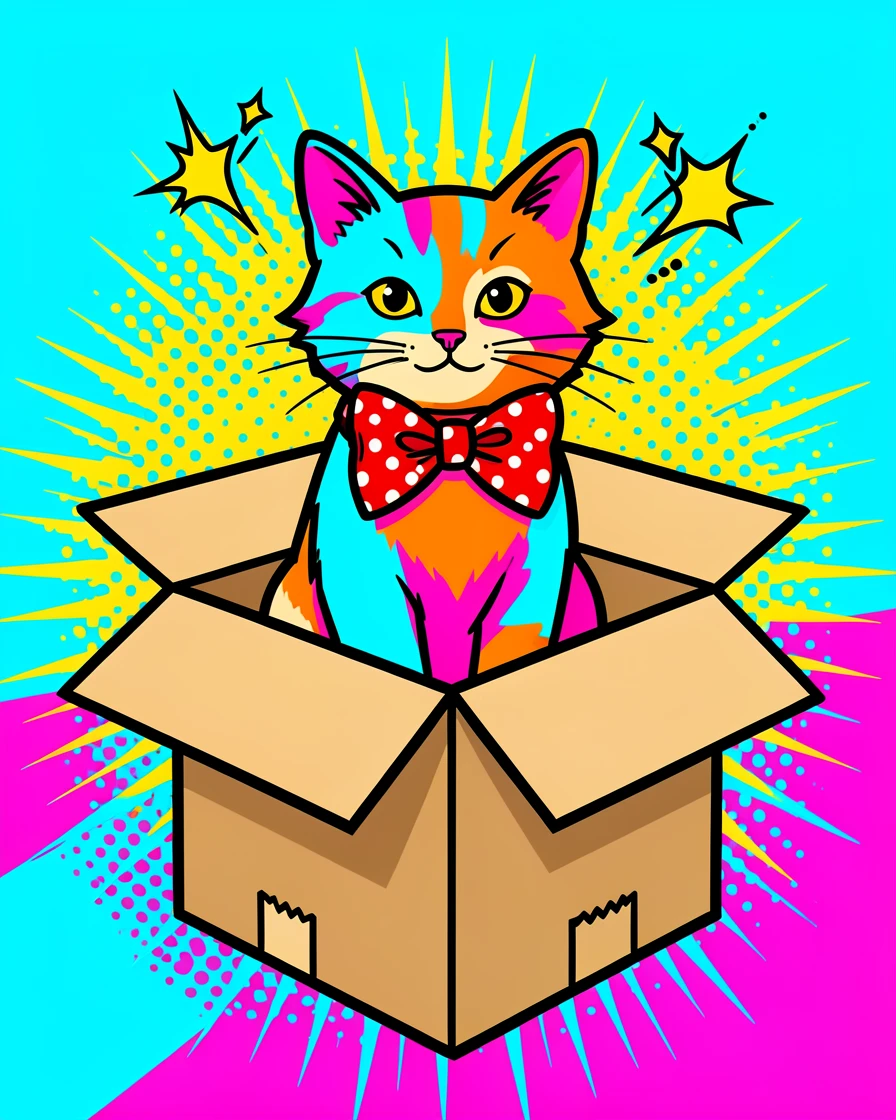 A cat perched inside a cardboard box wearing a bow tie
