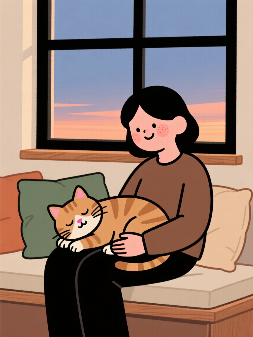 A sleepy cat rests its head on its owner's lap during a quiet evening on the window seat, both perfectly content.