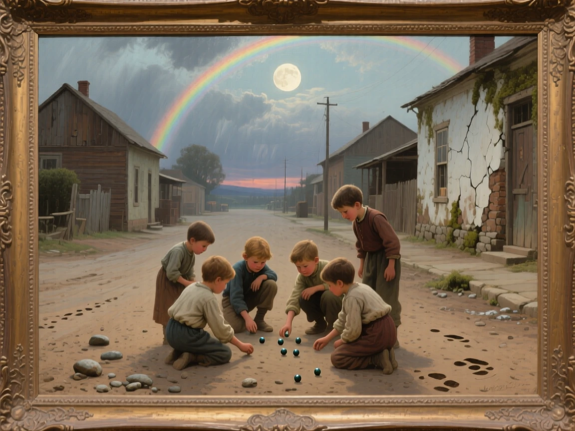 A well-framed scene of children playing marbles on a dusty village street, under a full moon, under a rainbow after a storm.