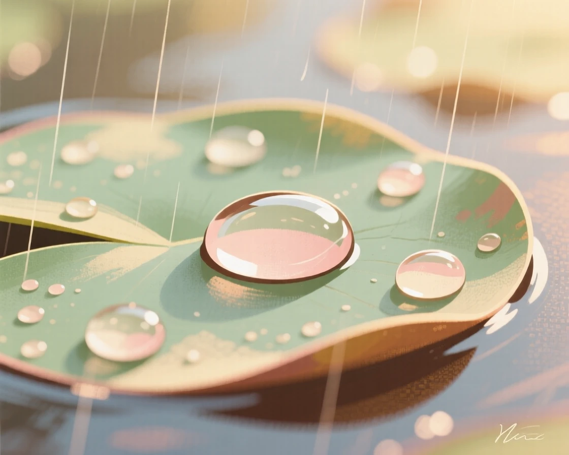 A close-up of raindrops resting on a lily pad