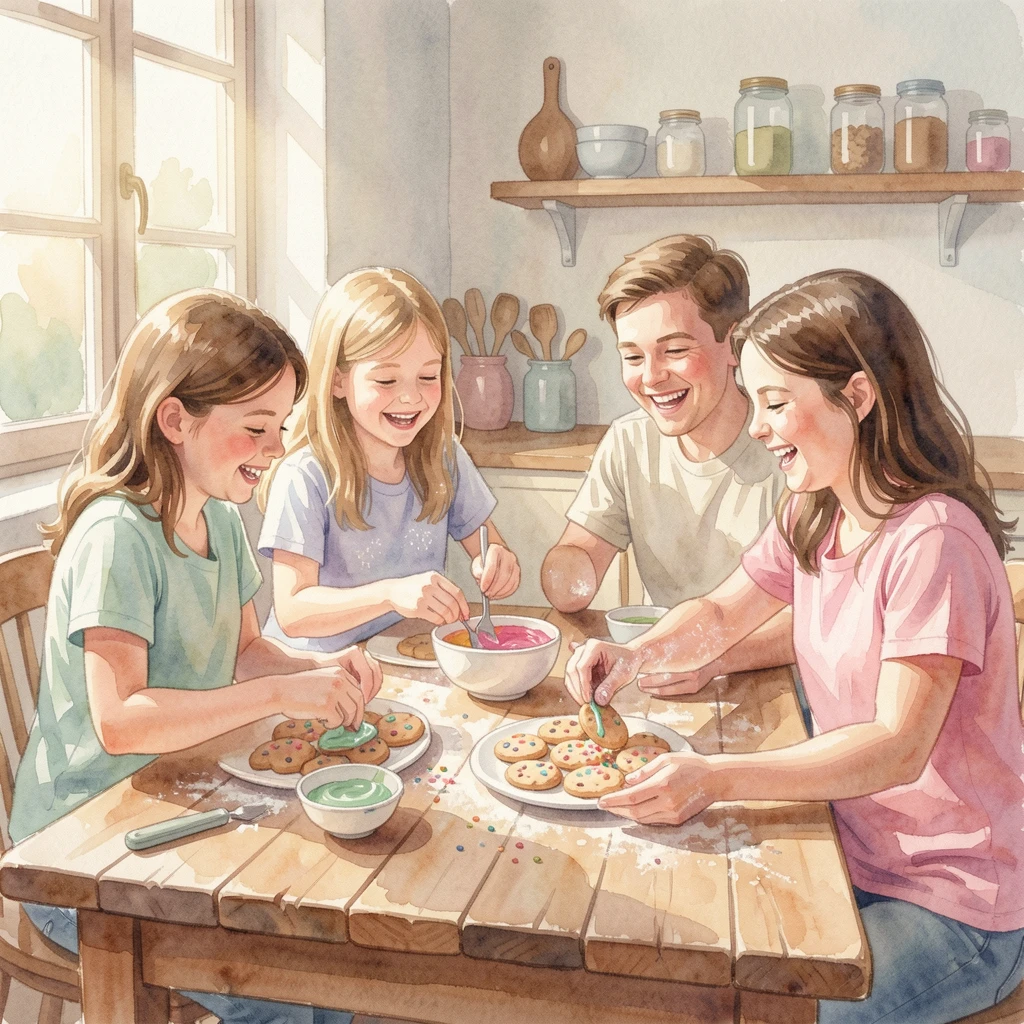 A family decorating cookies together in the kitchen with laughter echoing softly.