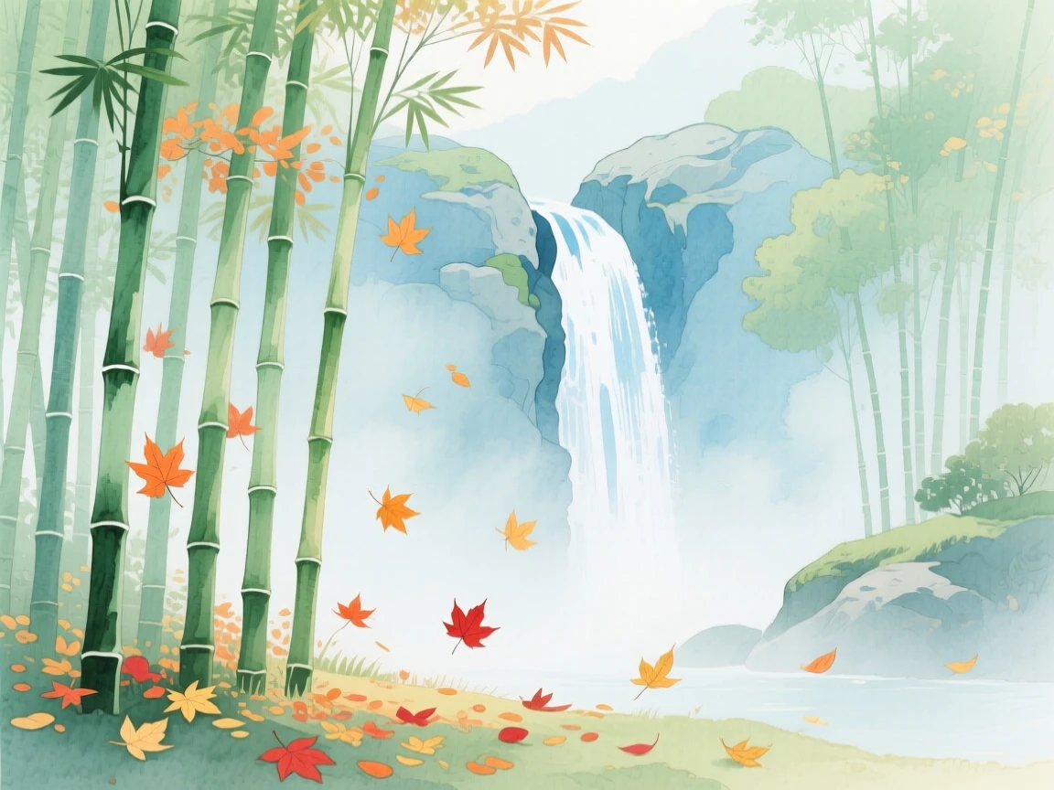 A breathtaking view of a misty bamboo grove as autumn leaves fall, with a waterfall cascading in the distance