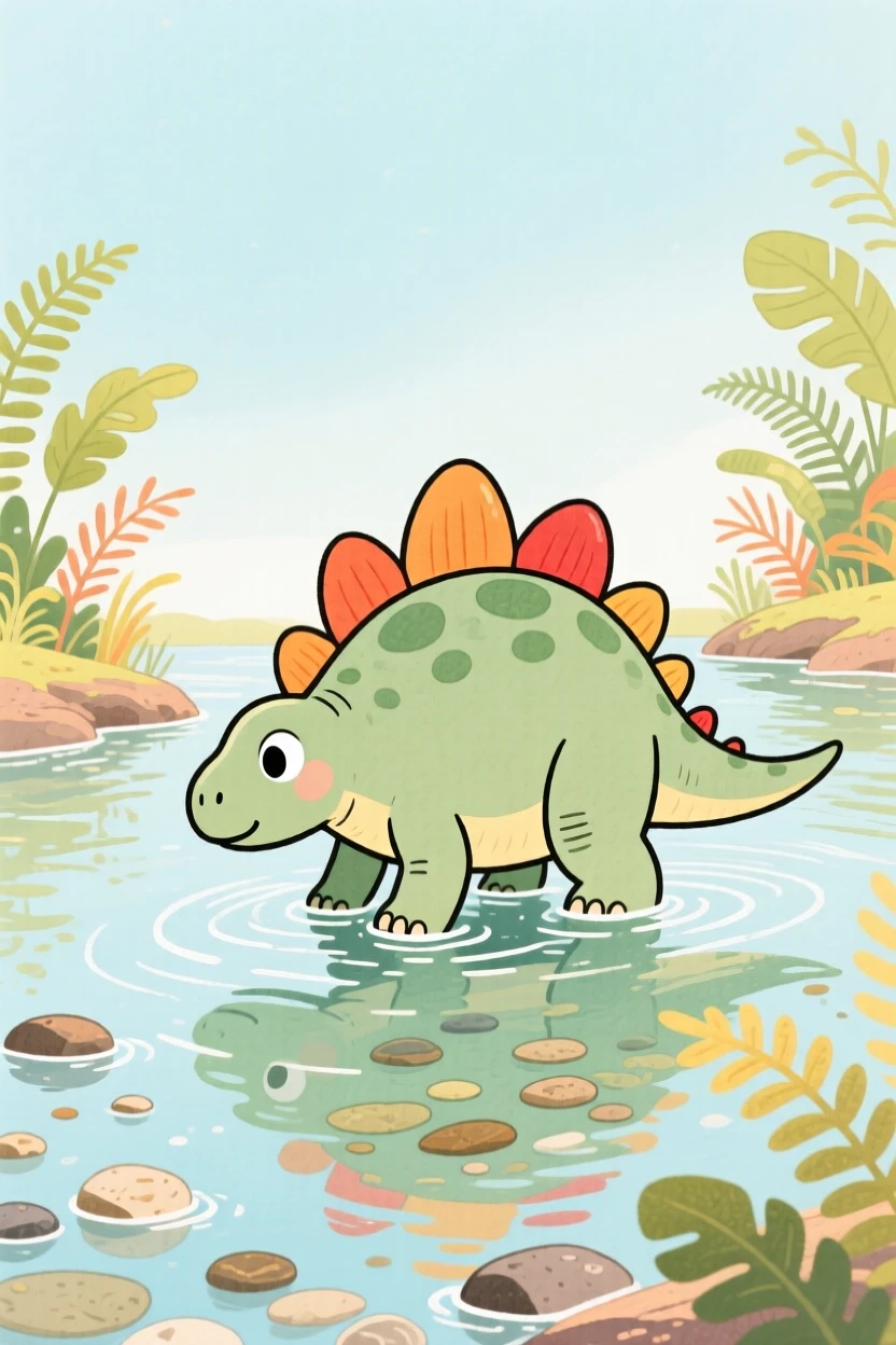 A friendly stegosaurus wading through a shallow prehistoric river, captured in a moment of quiet wonder.