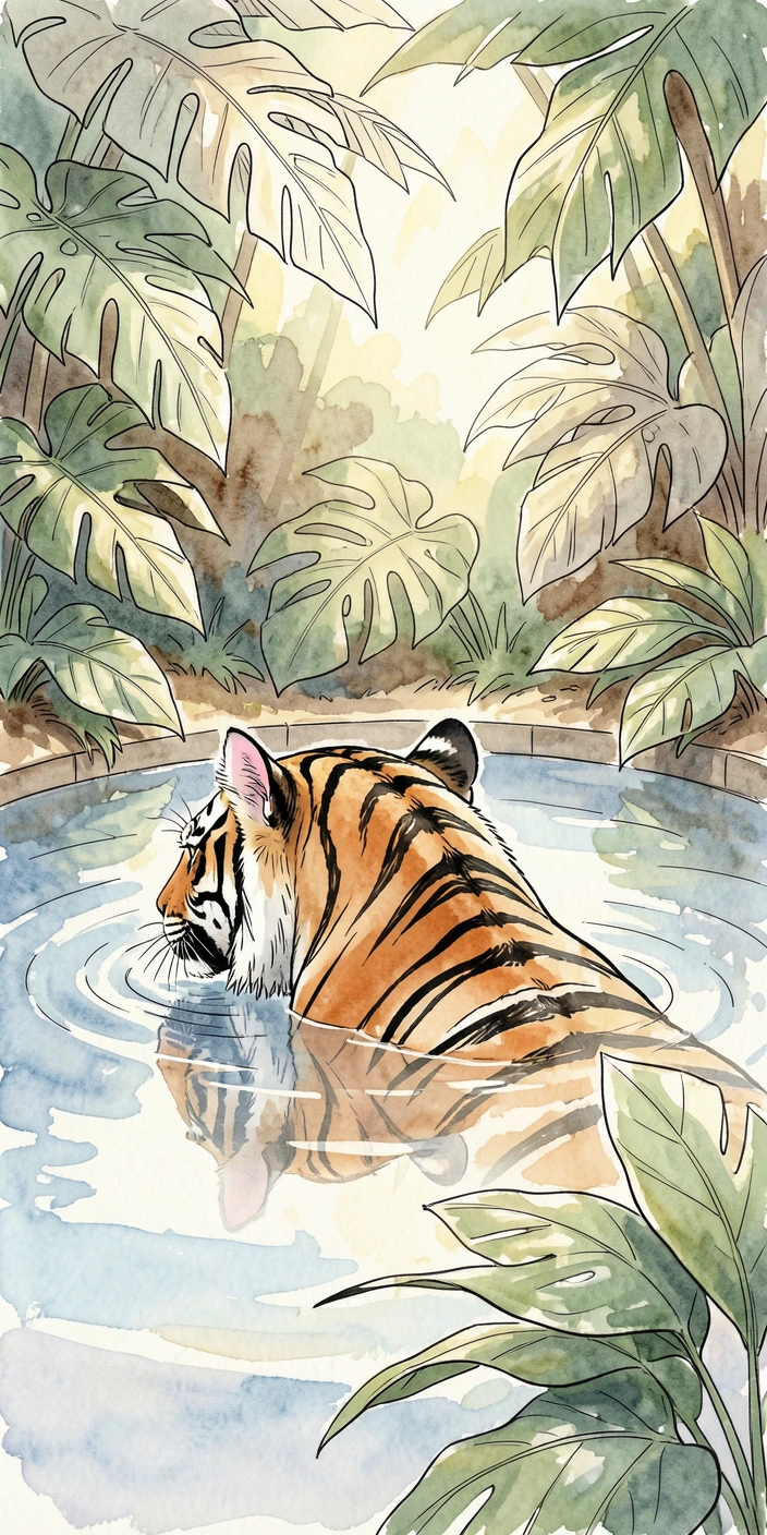 A tiger cooling off in a jungle pool, only its head and back visible above the still water