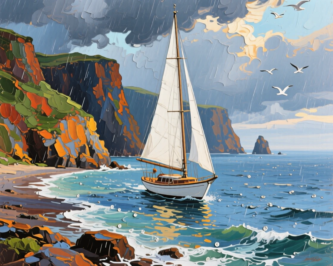 a sailboat gliding past sea cliffs, after a passing rain shower, composed along a natural leading line.