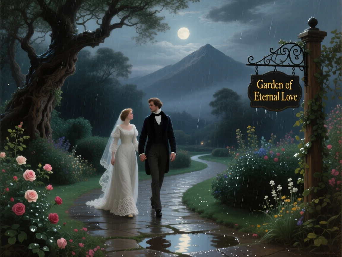 A newly married pair walk hand in hand along a moonlit garden path as rain falls softly around them.
