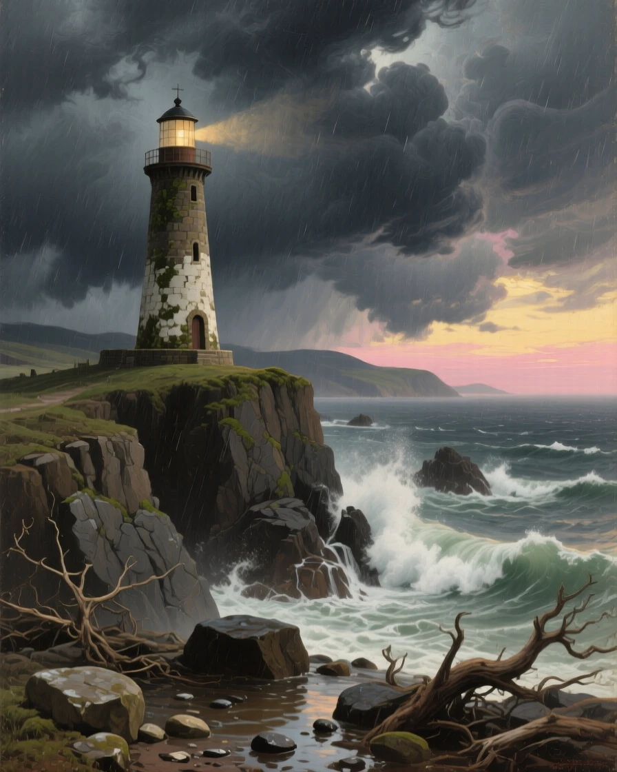 A lone lighthouse standing firm against a violent coastal storm, with the first light of dawn breaking over distant ridgelines, designed to feel like a window into another world