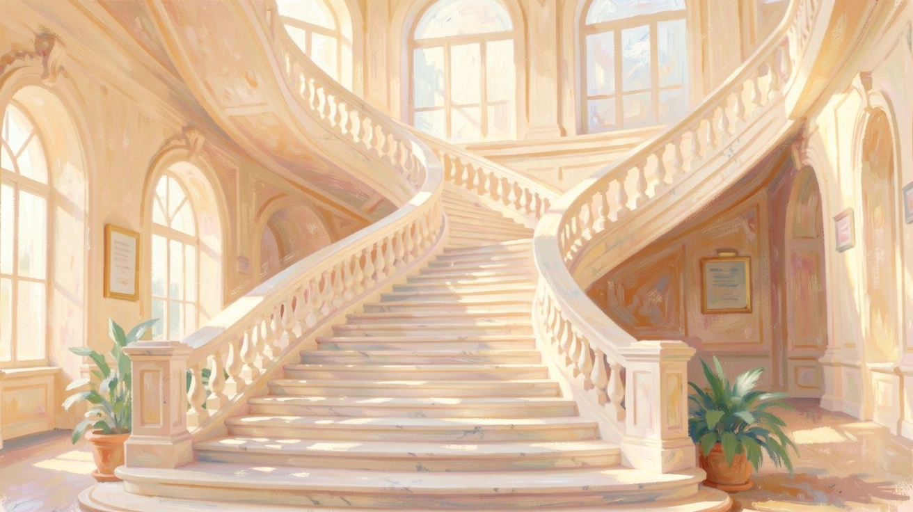 A grand marble staircase spiraling upward inside a sunlit European opera house.