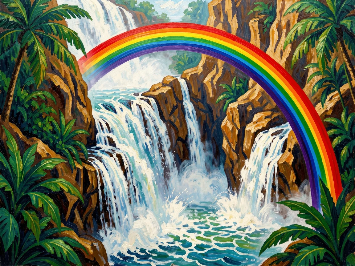 A hidden waterfall in a tropical canyon, a rainbow arching through the spray.