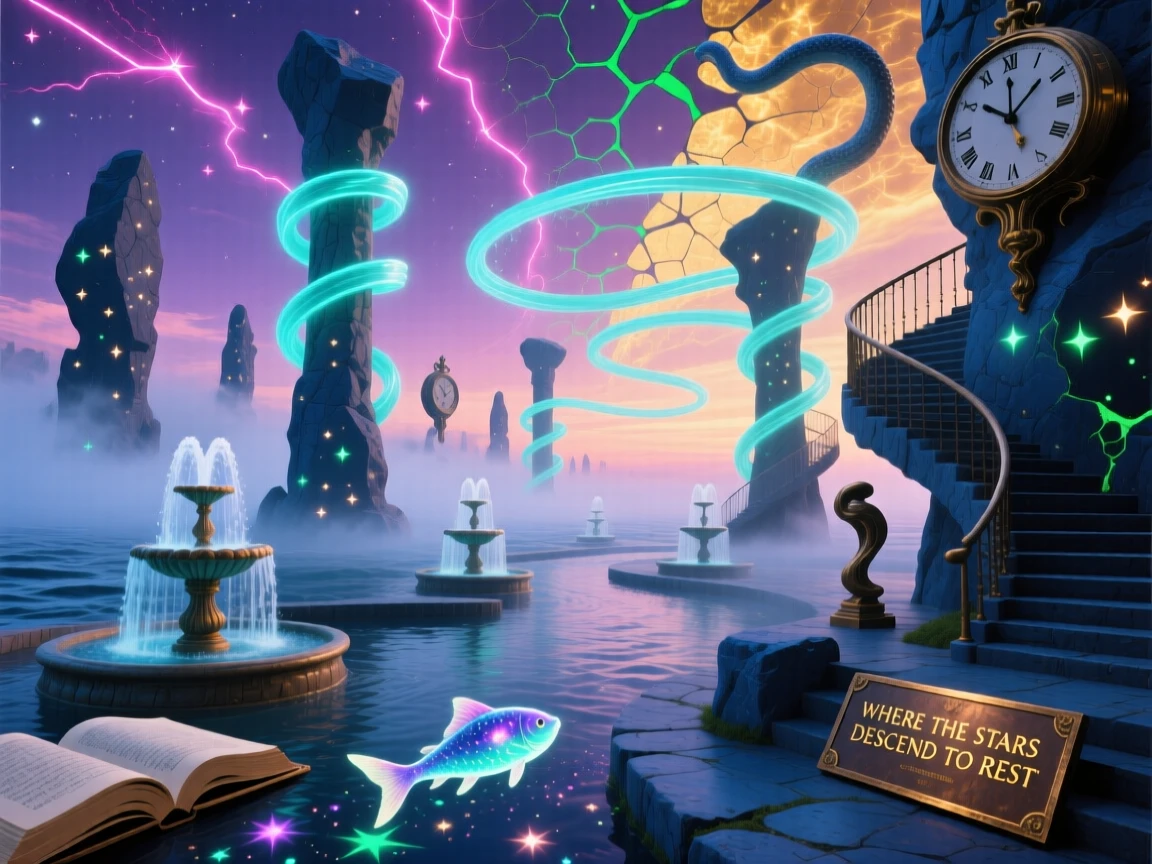 A plaza where fountains flow sideways instead of down rises from a sea of drifting fog, and stars seem to nest between its stones.